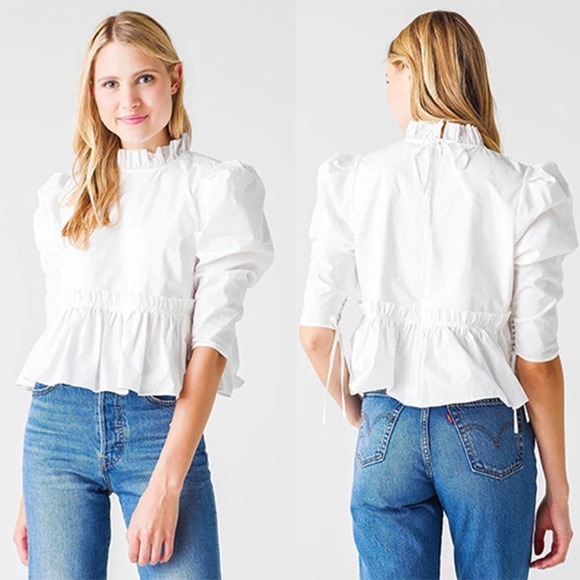 HUNTER BELL Tops - Hunter Bell Willa Tapered Sleeve Ruffle Neck Top Women's White Size: XS NWOT